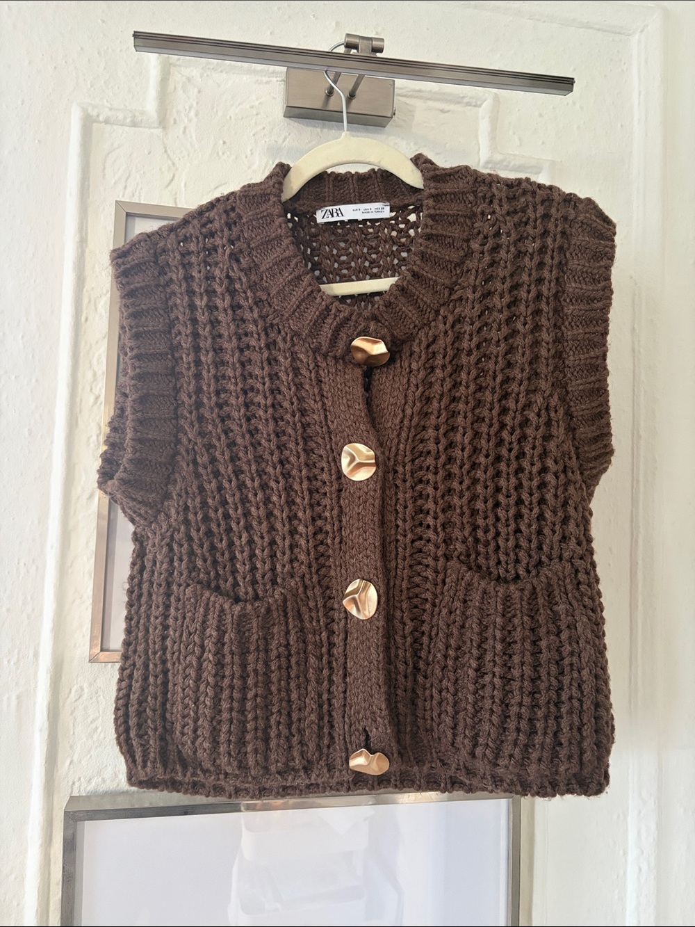 Zara Chocolate Brown Chunky Knit Button Vest with Gold Buttons